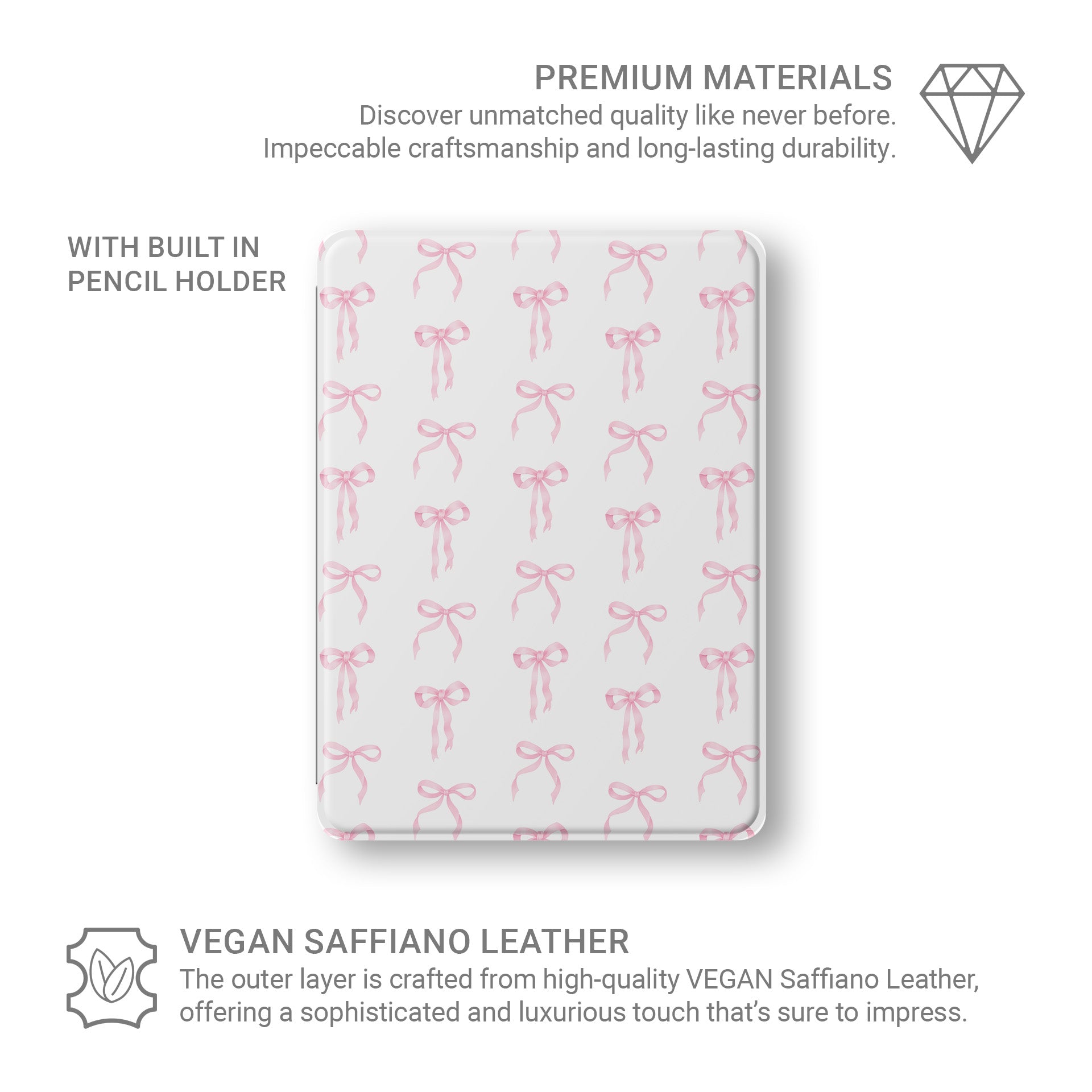 iPad case with Apple Pencil holder in blush pink bow design