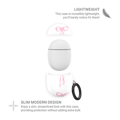 Satin Waltz Google Pixel Buds Case with pastel pink bow design on white background – stylish coquette cover for Pixel Buds 2, A-Series, Pro, and Pro 2