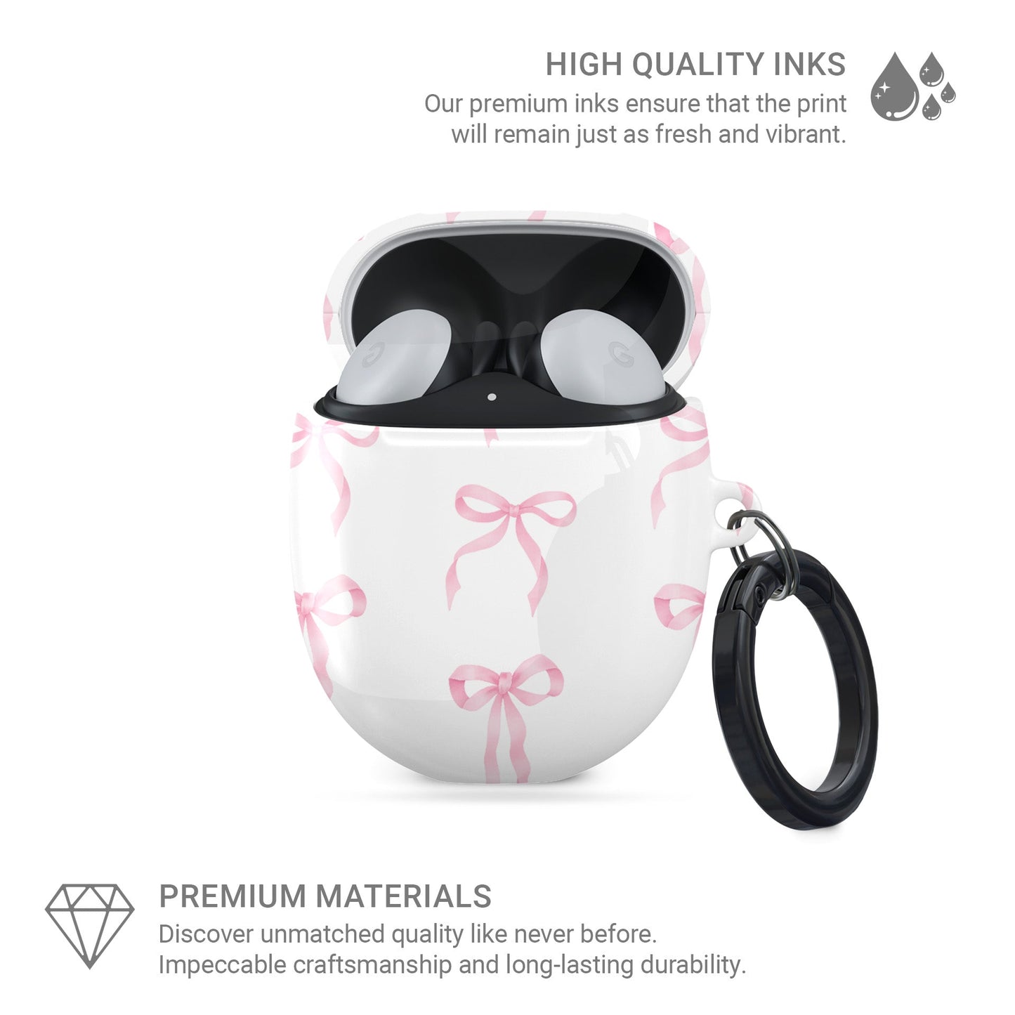 Satin Waltz Google Pixel Buds Case with pastel pink bow design on white background – stylish coquette cover for Pixel Buds 2, A-Series, Pro, and Pro 2