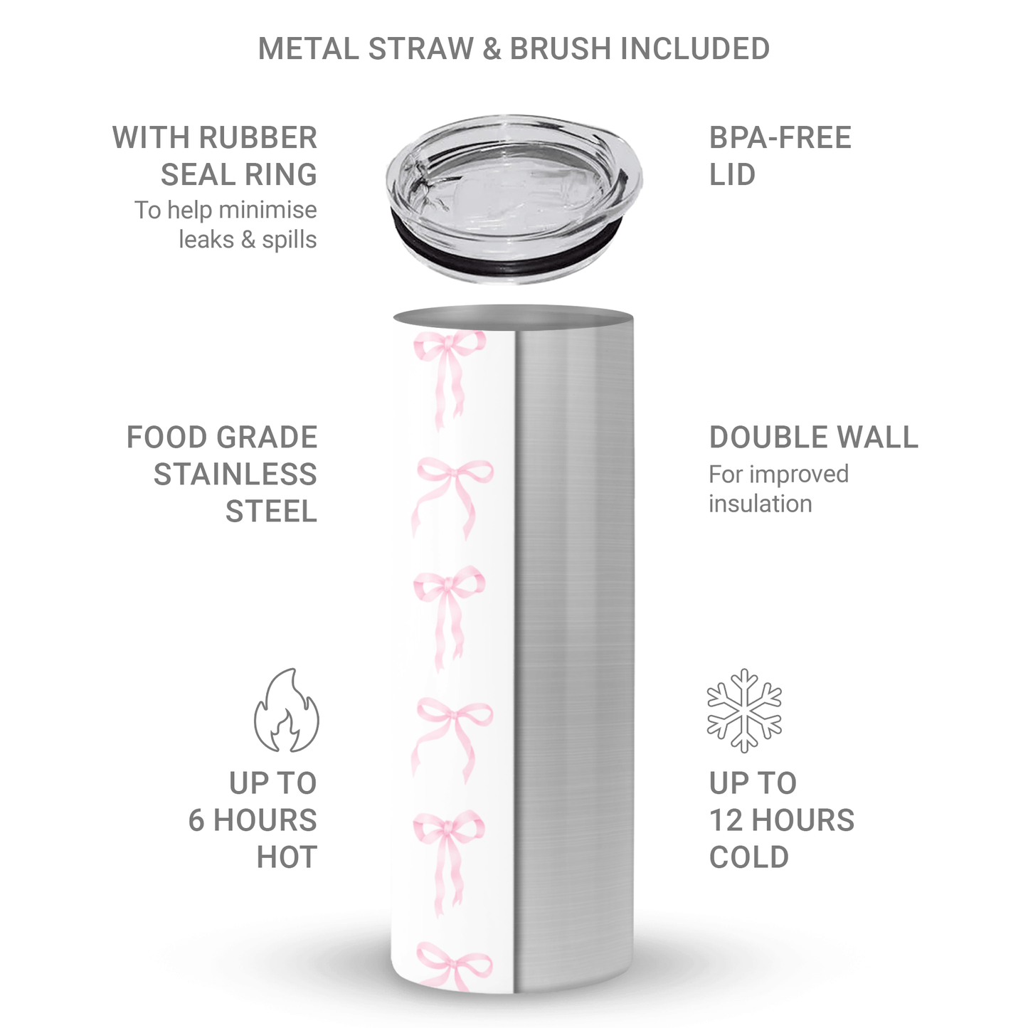 Satin Waltz stainless steel tumbler with pastel pink bow design