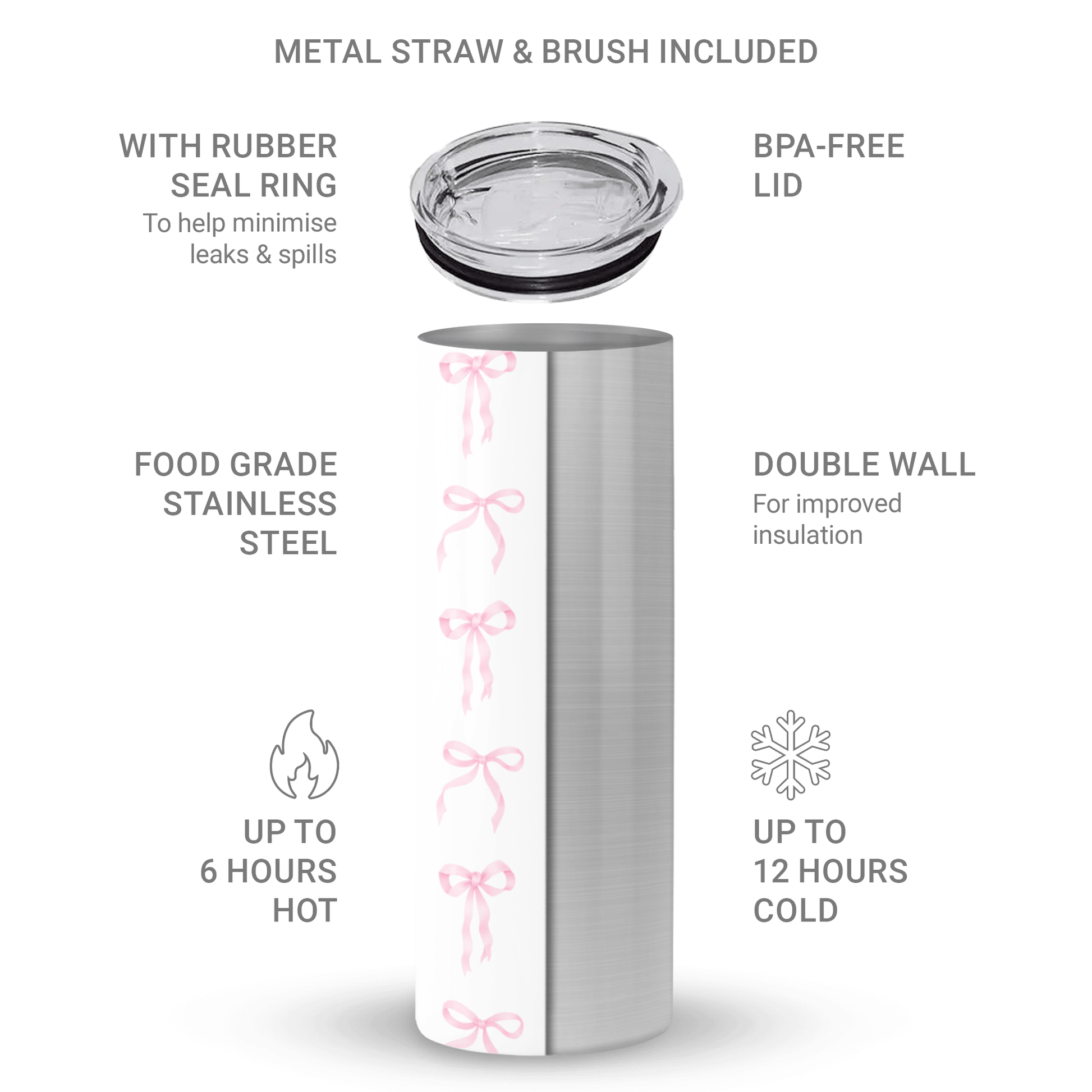 Satin Waltz stainless steel tumbler with pastel pink bow design