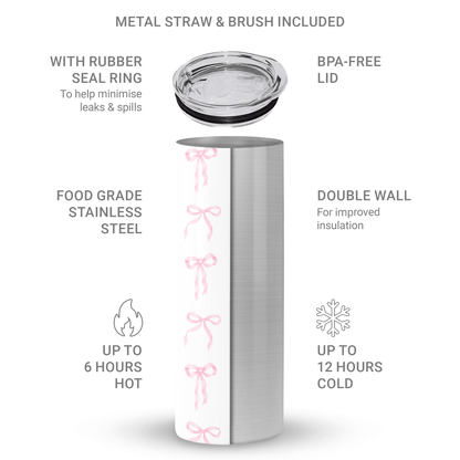 Satin Waltz stainless steel tumbler with pastel pink bow design