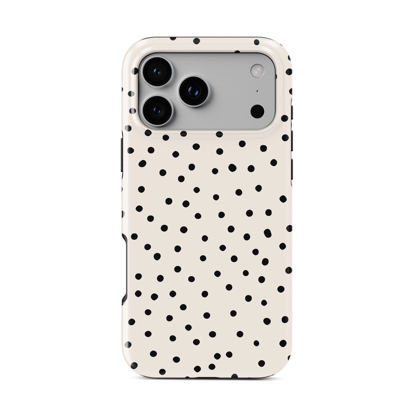 Cream polka dot tough phone case with black scattered dots on neutral background