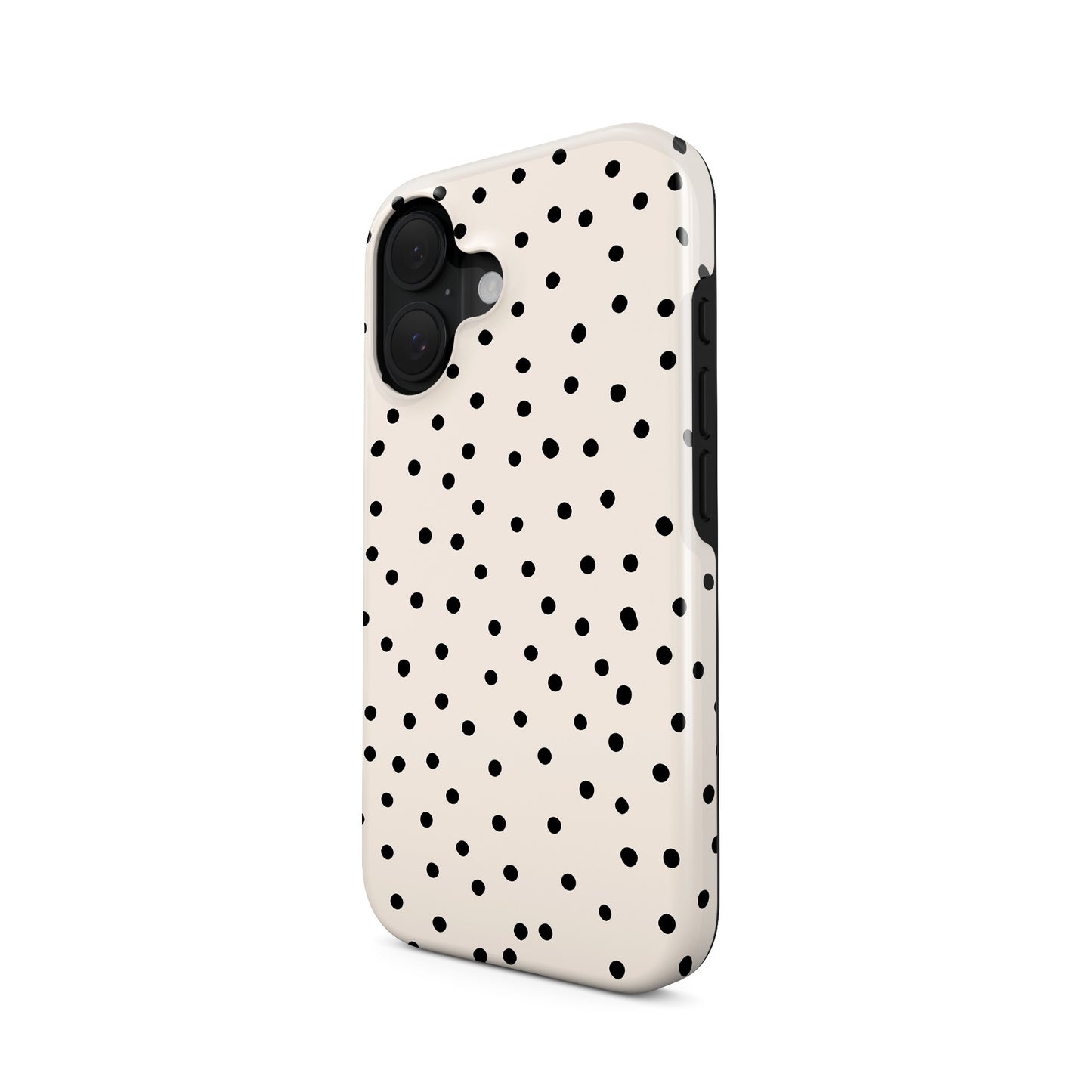 Cream polka dot tough phone case with black scattered dots on neutral background