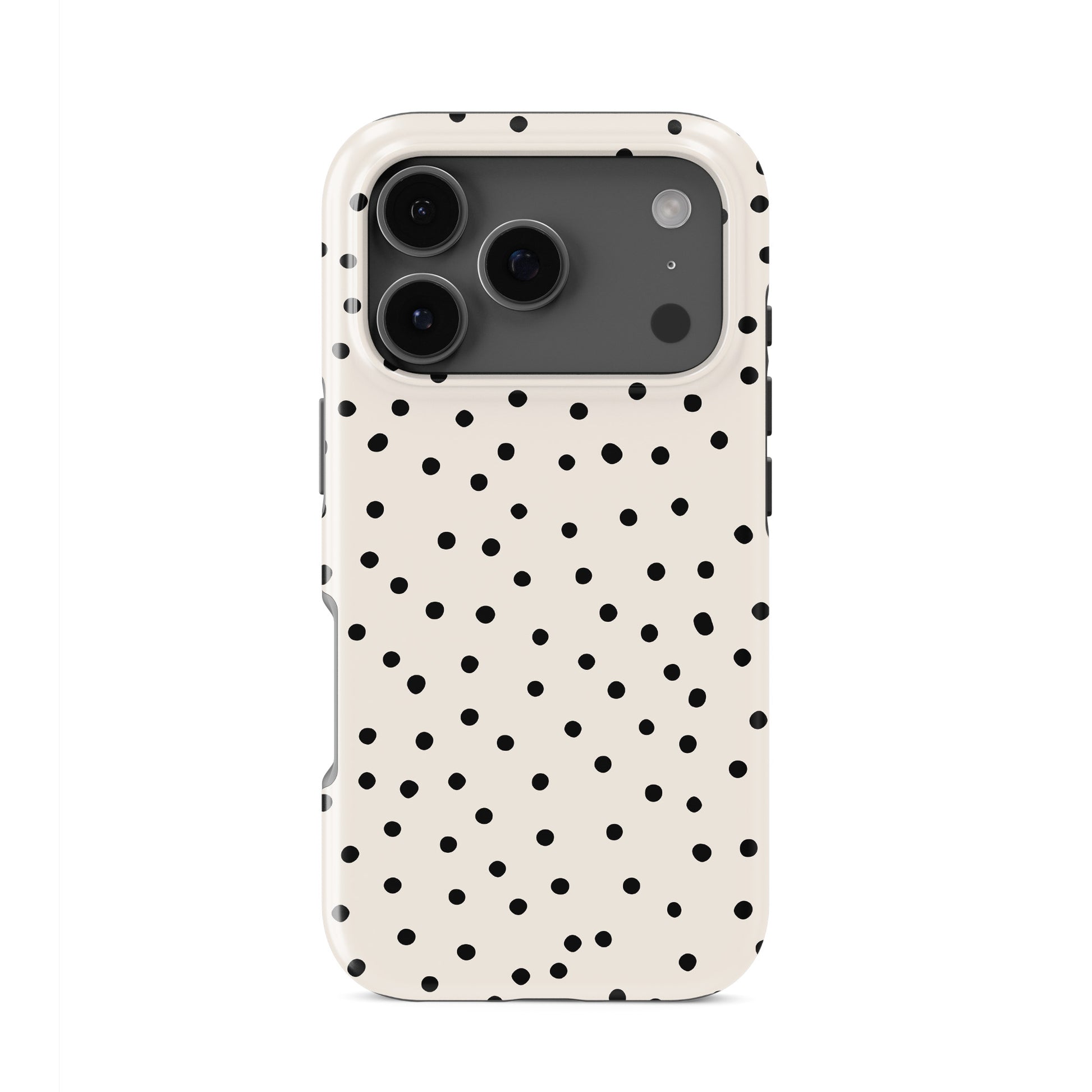 Cream tough phone case with scattered black dot pattern and minimal polka dot design