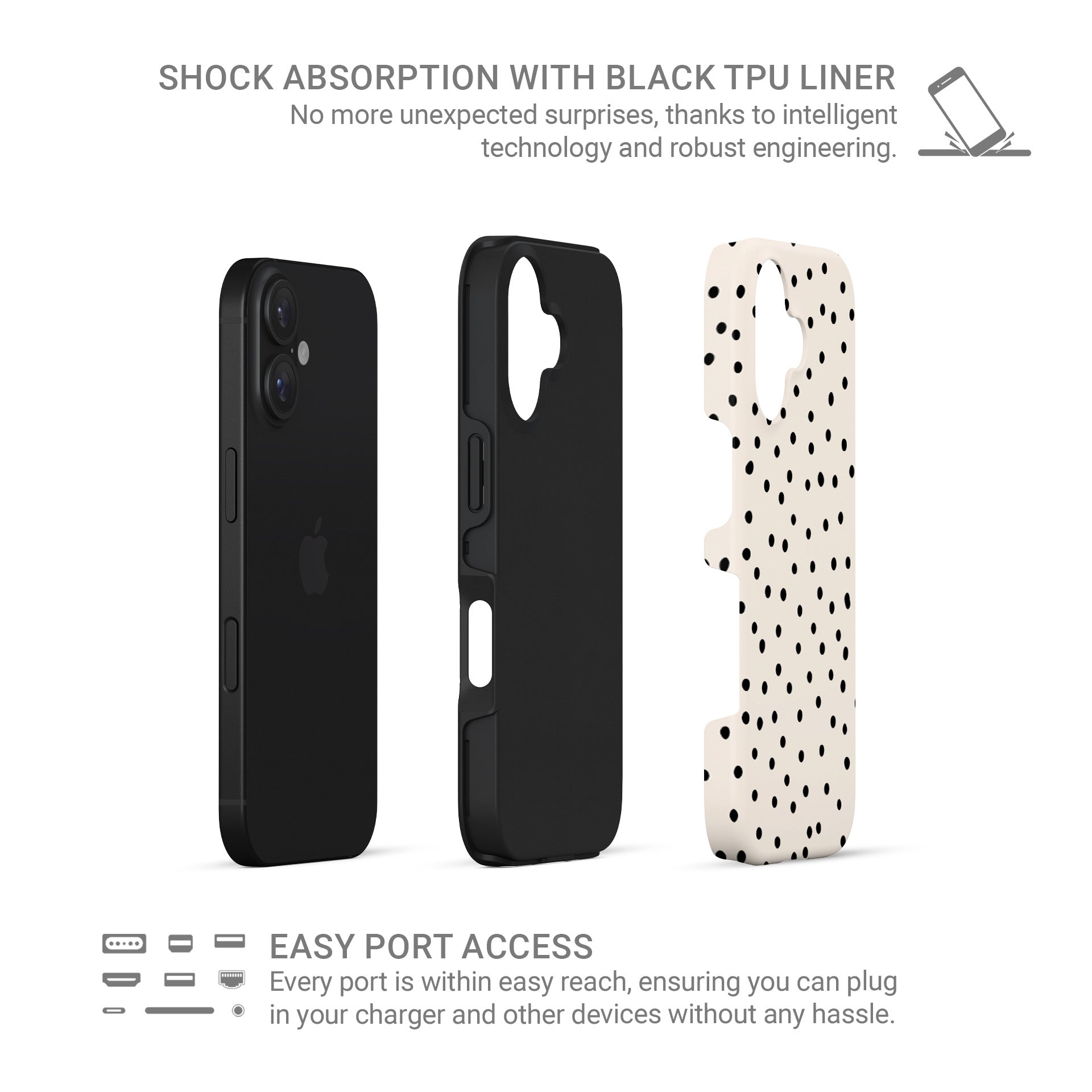 Cream tough phone case with scattered black dot pattern and minimal polka dot design