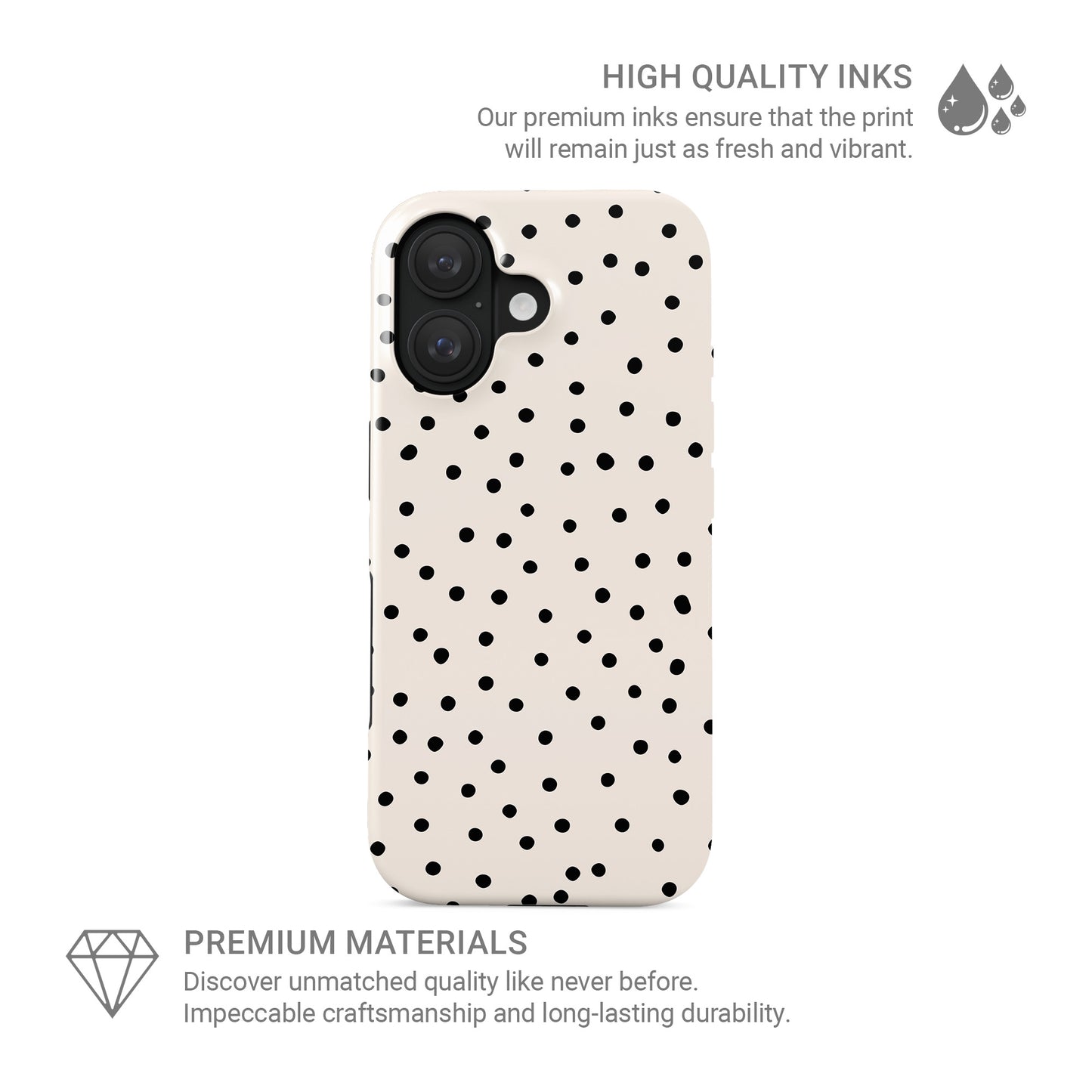 Cream tough phone case with scattered black dot pattern and minimal polka dot design
