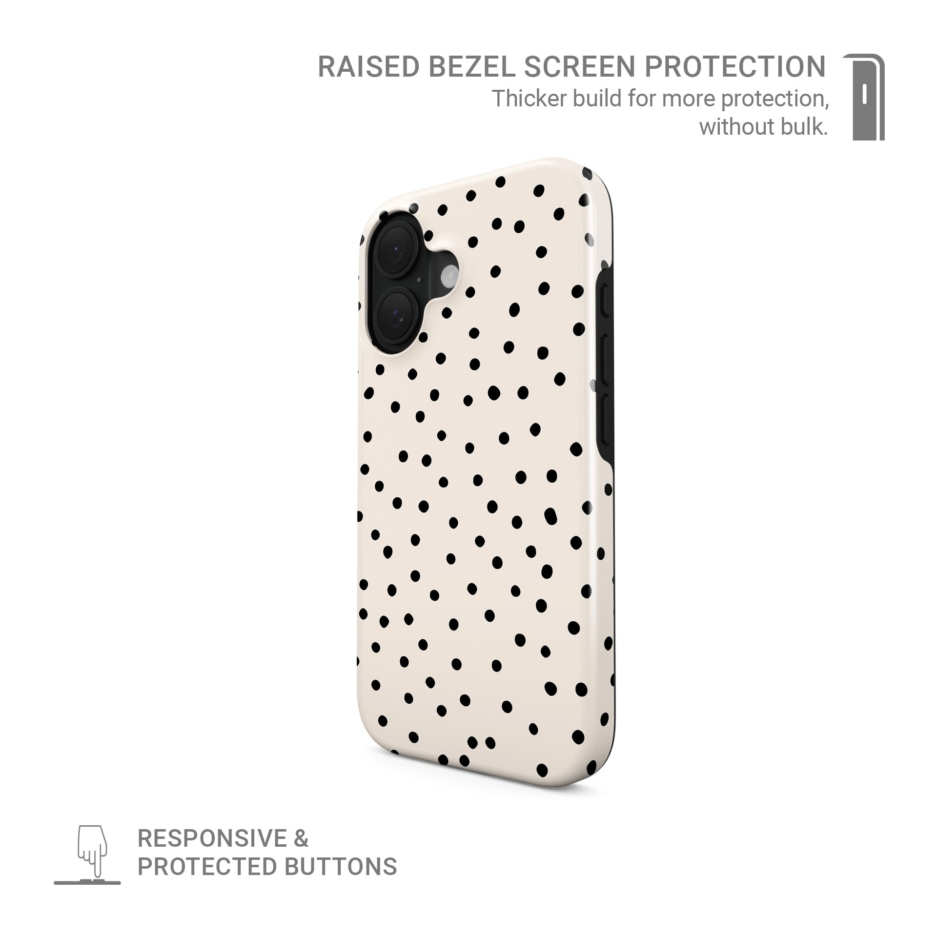 Cream tough phone case with scattered black dot pattern and minimal polka dot design