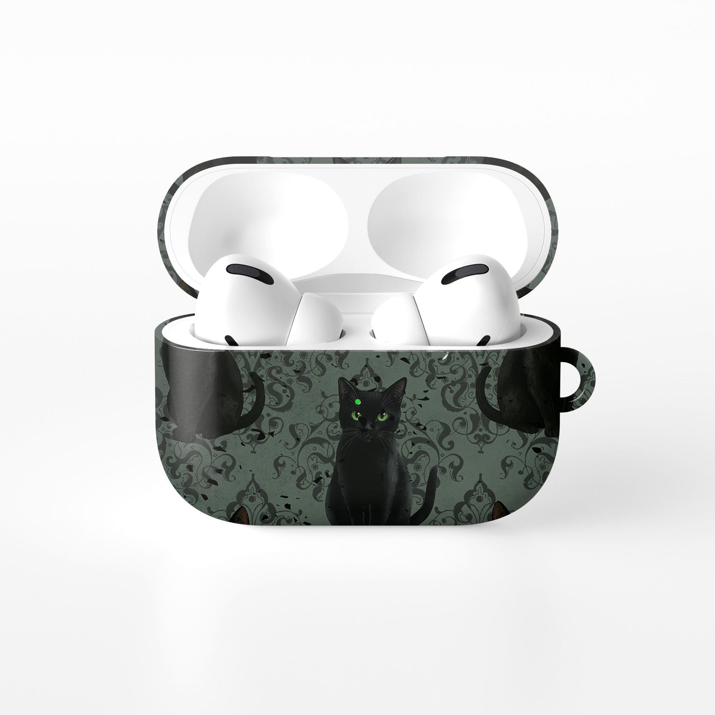 Silent Guardian AirPods Tough Case with black cat artwork, glossy finish, and impact-resistant single-shell design.
