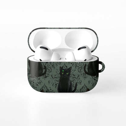 Silent Guardian AirPods Tough Case with black cat artwork, glossy finish, and impact-resistant single-shell design.