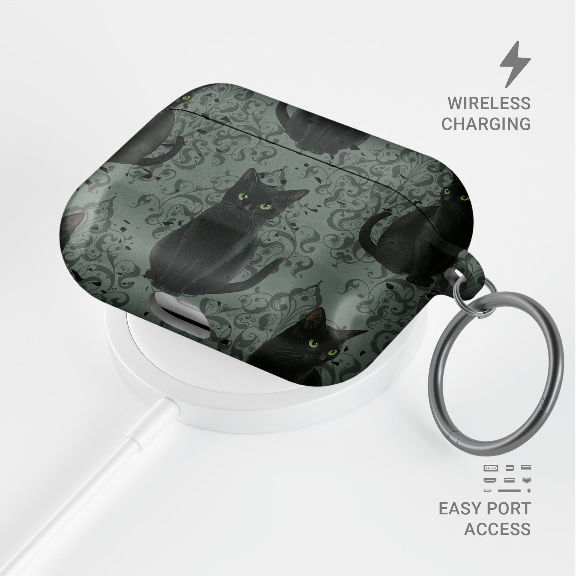 Silent Guardian AirPods Tough Case with black cat artwork, glossy finish, and impact-resistant single-shell design.