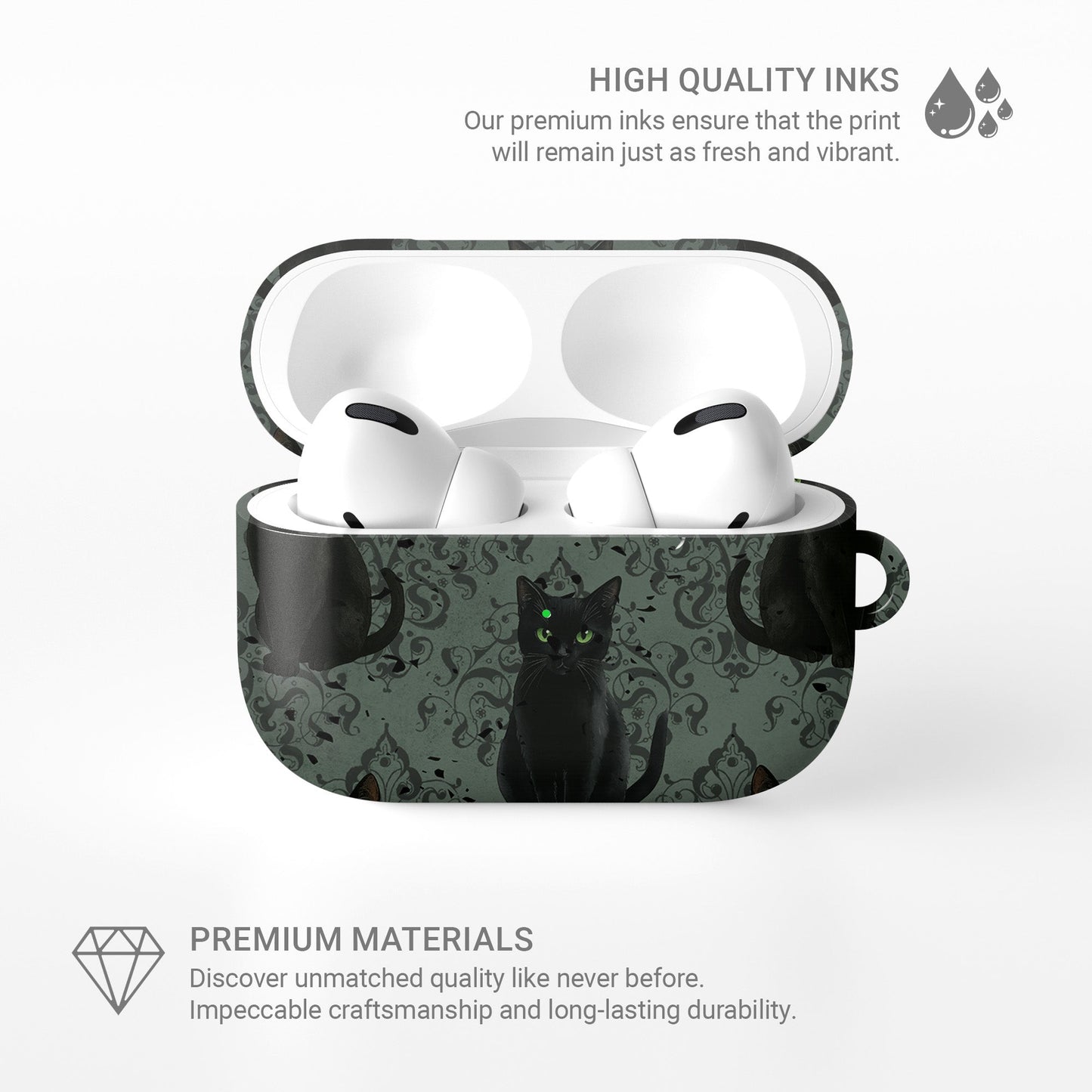 Silent Guardian AirPods Tough Case with black cat artwork, glossy finish, and impact-resistant single-shell design.