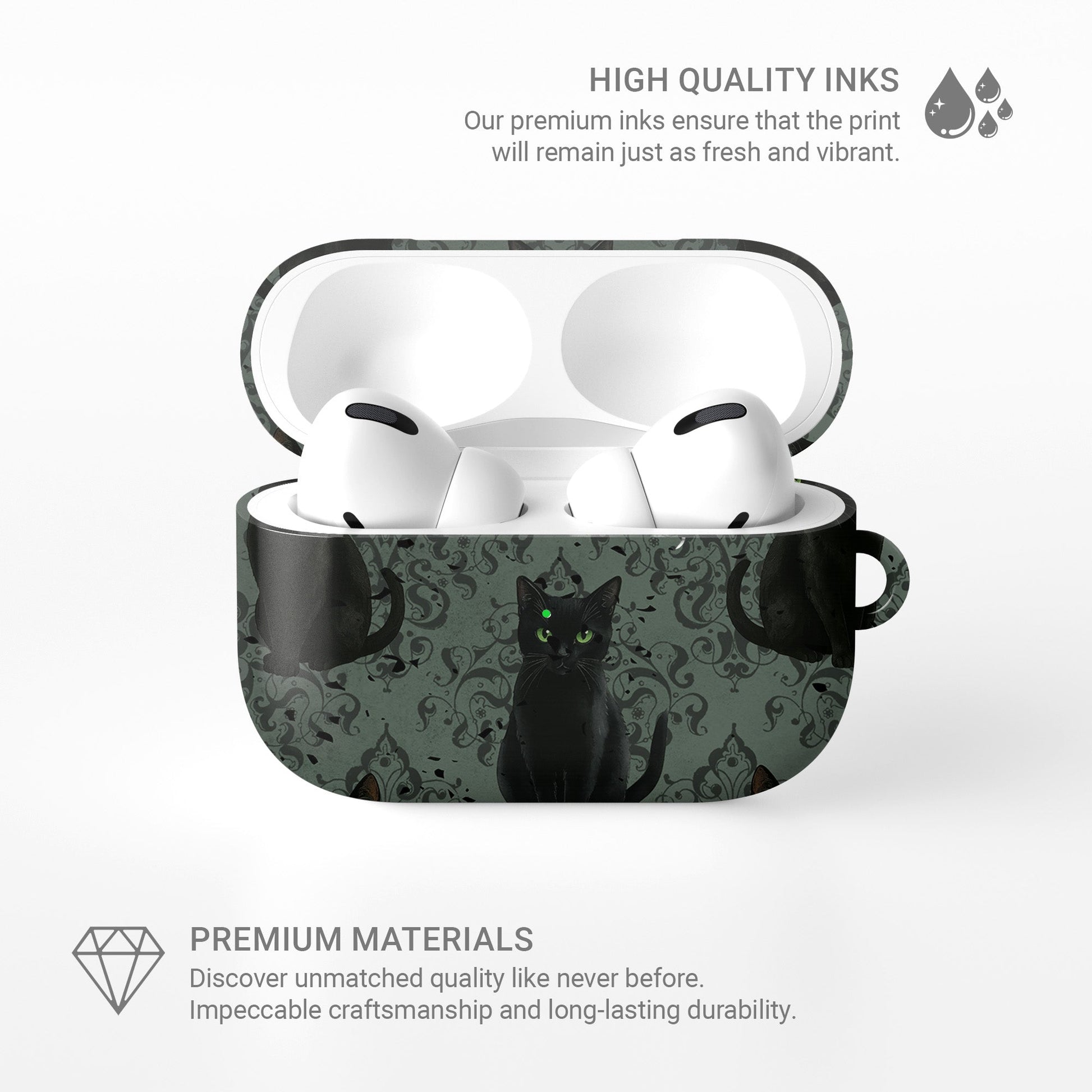 Silent Guardian AirPods Tough Case with black cat artwork, glossy finish, and impact-resistant single-shell design.