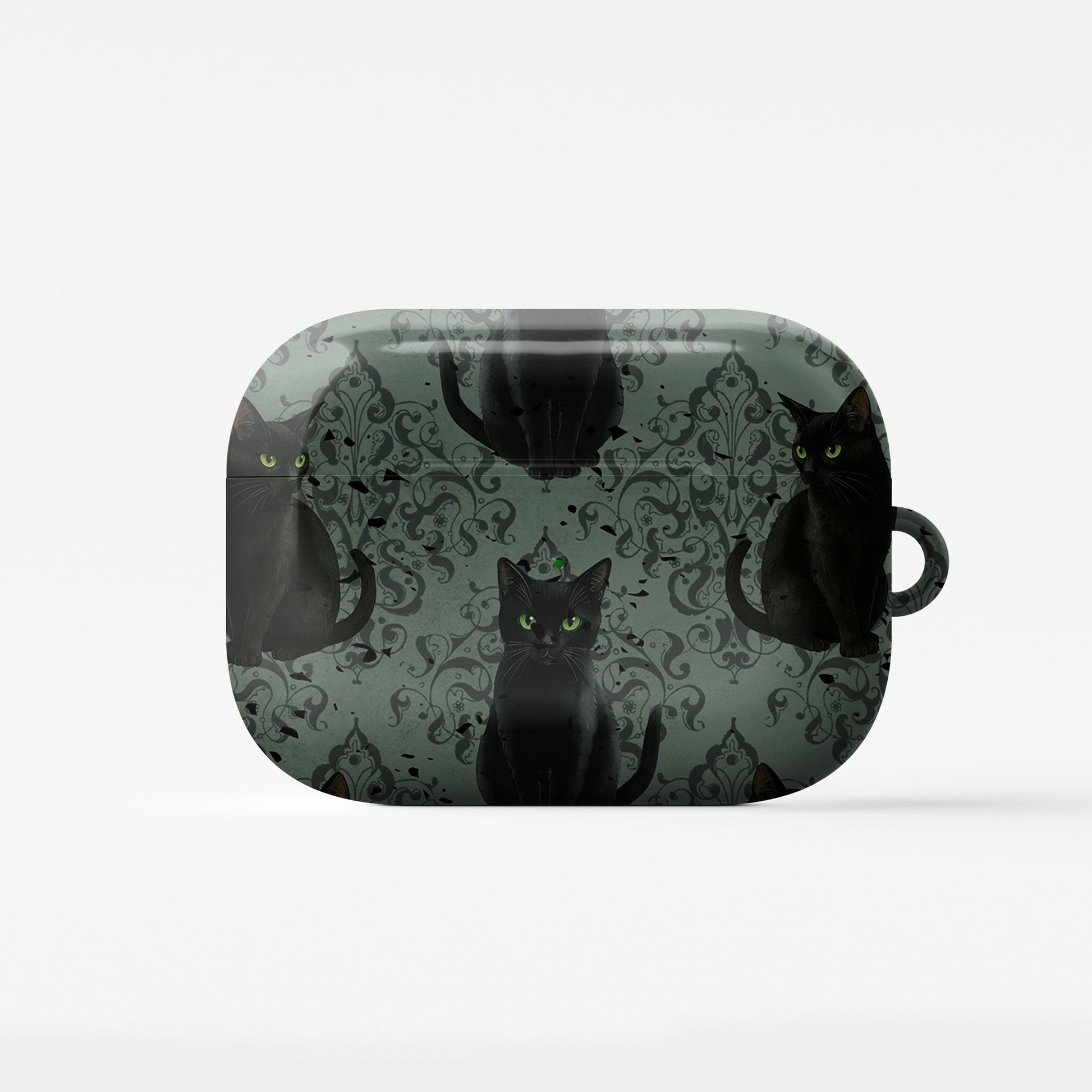 Silent Guardian AirPods Tough Case with black cat artwork, glossy finish, and impact-resistant single-shell design.