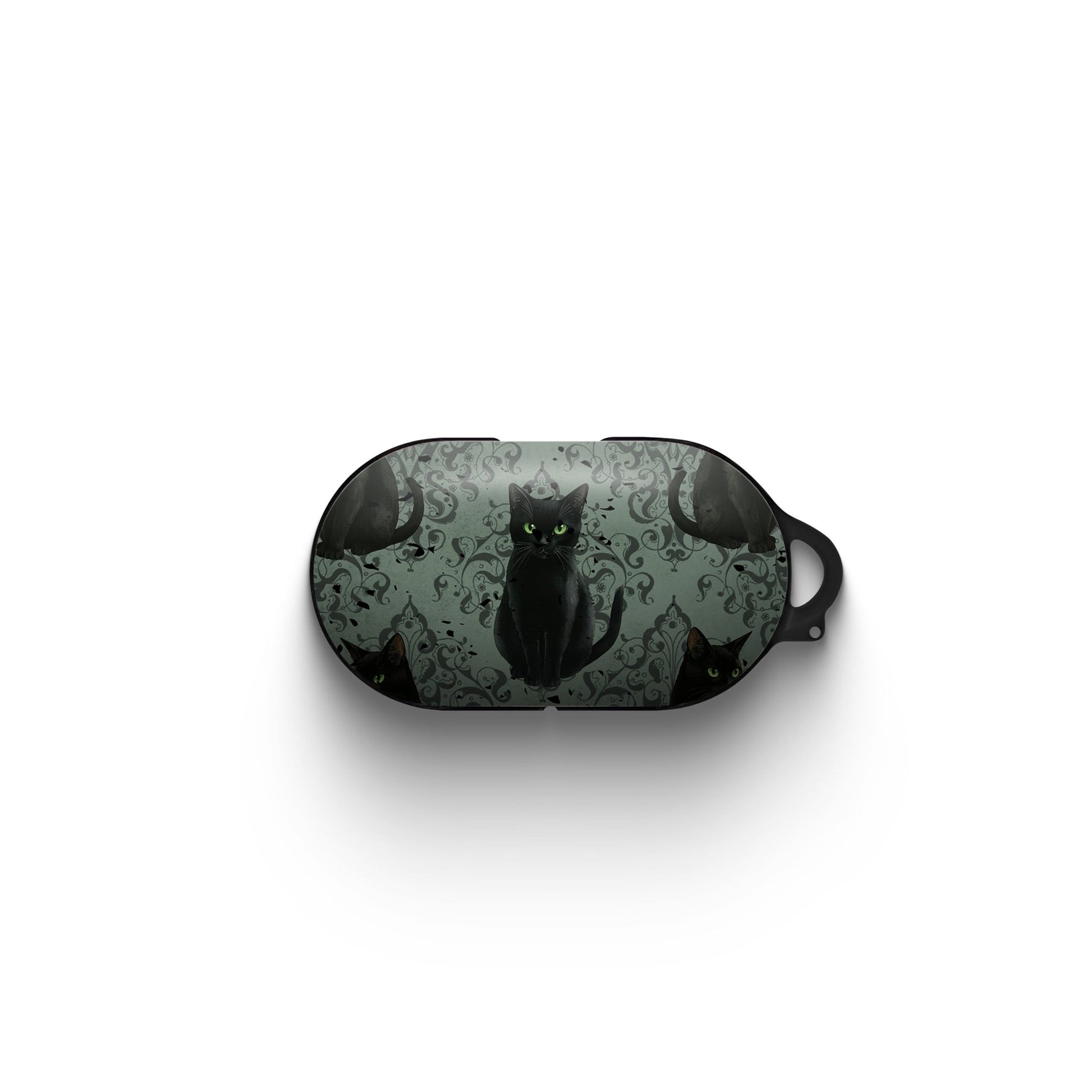 Silent Guardian Samsung Buds Tough Case with black cat artwork, glossy finish, and durable impact-resistant build.