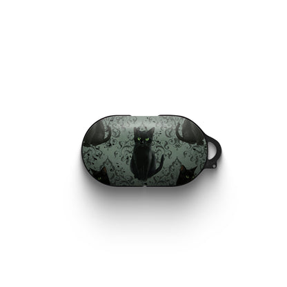 Silent Guardian Samsung Buds Tough Case with black cat artwork, glossy finish, and durable impact-resistant build.