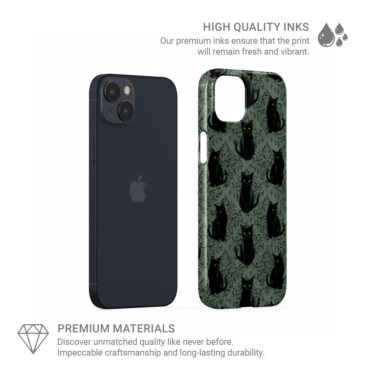 Glossy black cat phone case with green eyes – protective slim holloween gothic design
