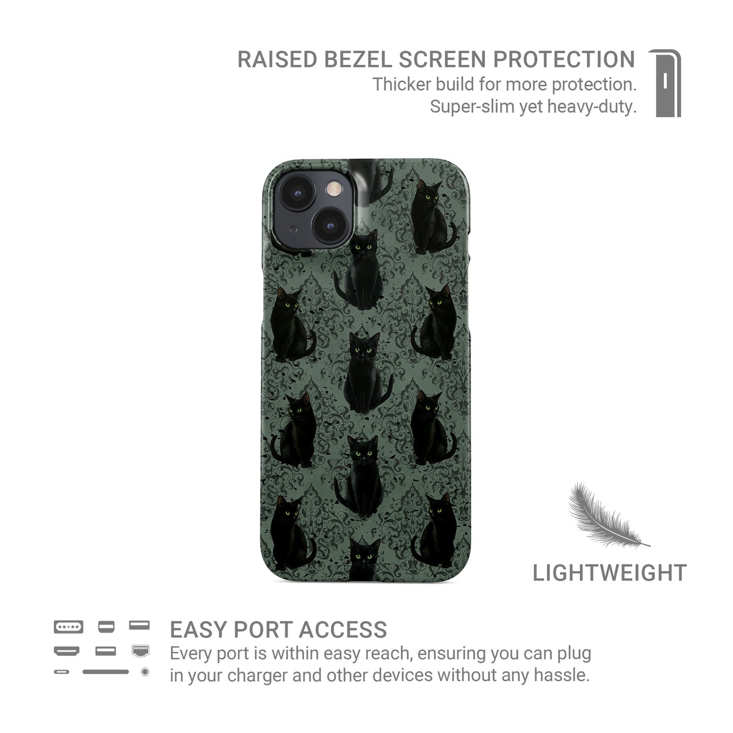Glossy black cat phone case with green eyes – protective slim holloween gothic design