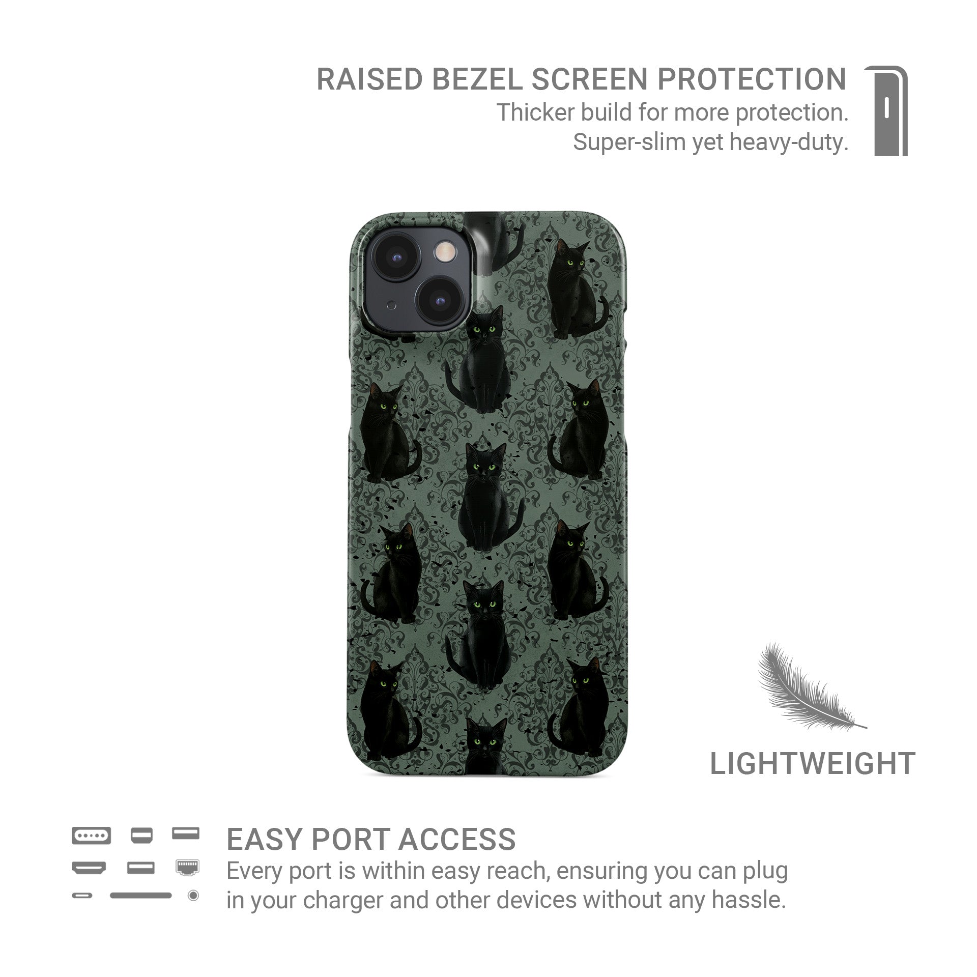 Glossy black cat phone case with green eyes – protective slim holloween gothic design