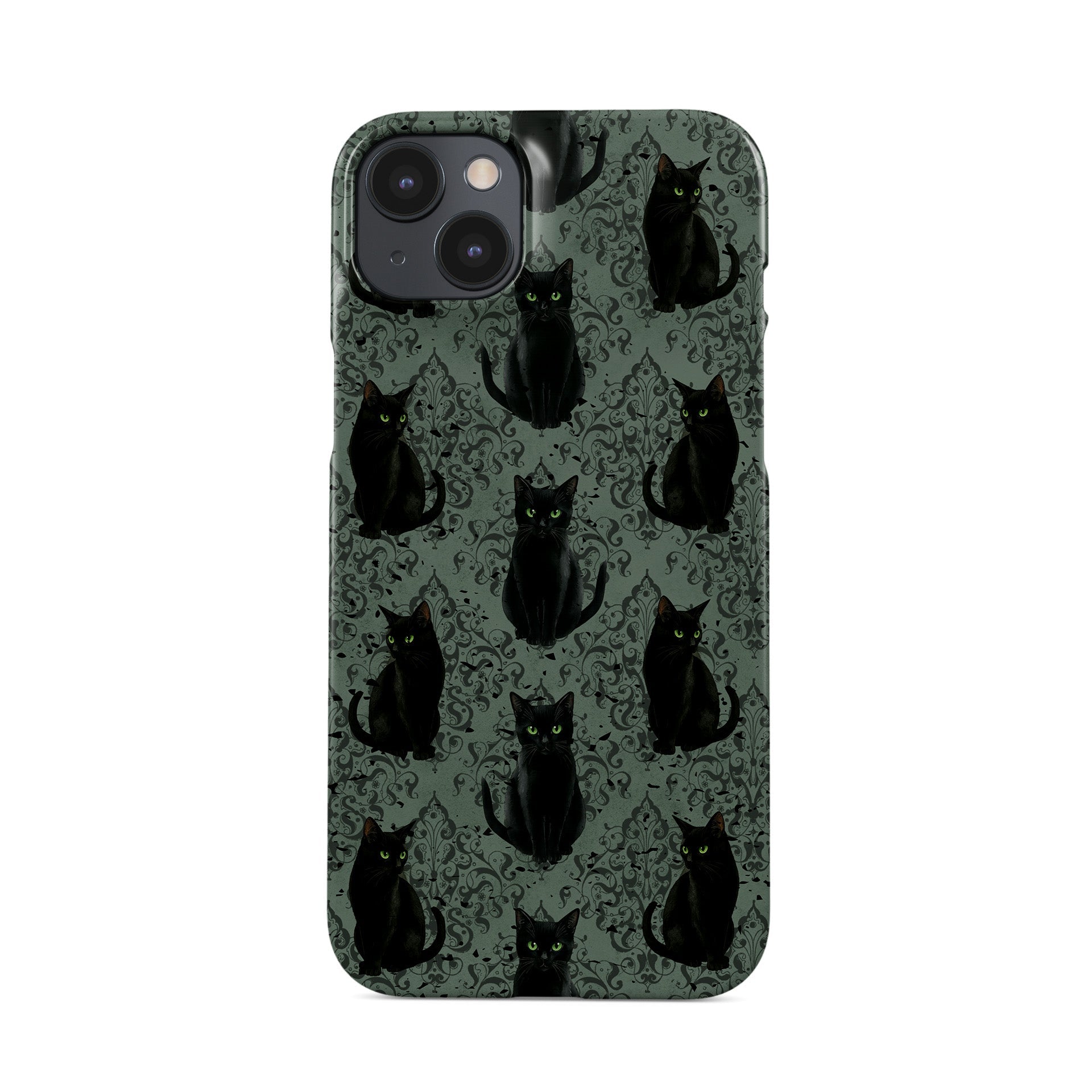Glossy black cat phone case with green eyes – protective slim holloween gothic design
