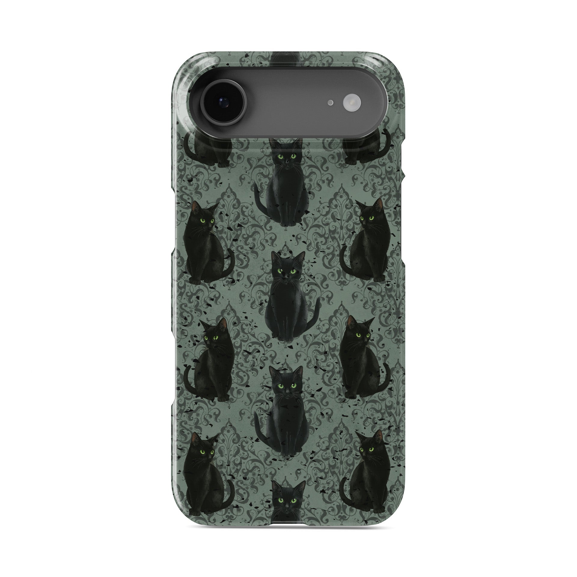 Glossy black cat phone case with green eyes – protective slim Halloween gothic design