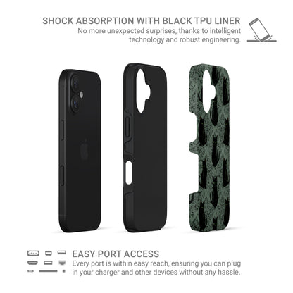 Silent Guardian Tough Phone Case – gothic black cat design with green eyes on damask background