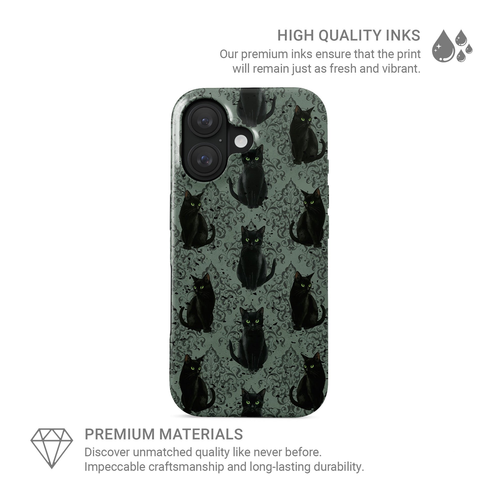 Silent Guardian Tough Phone Case – gothic black cat design with green eyes on damask background