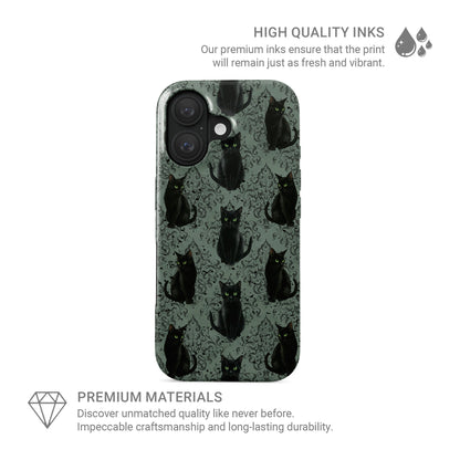 Silent Guardian Tough Phone Case – gothic black cat design with green eyes on damask background