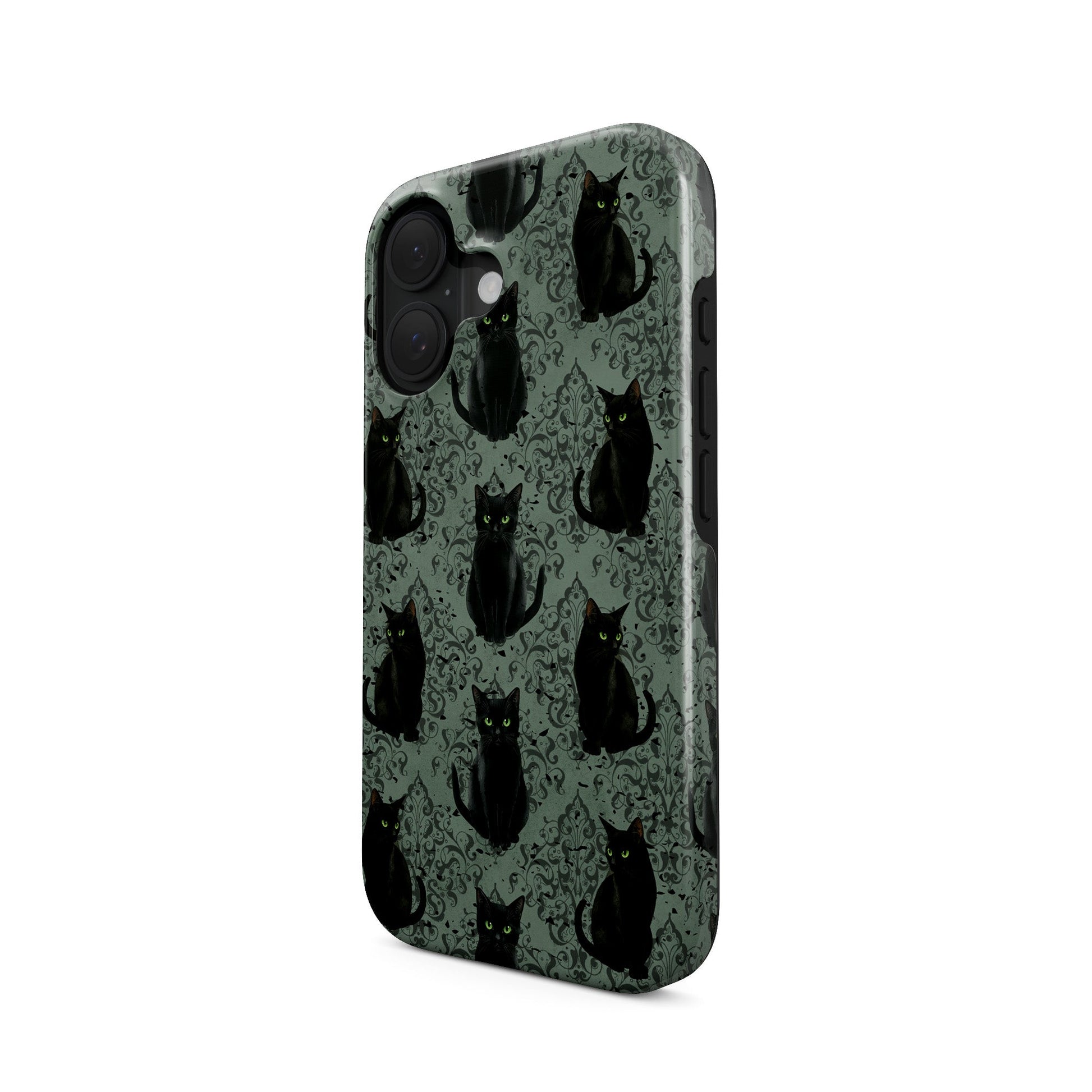 Silent Guardian Tough Phone Case – gothic black cat design with green eyes on damask background