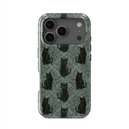 Silent Guardian Tough Phone Case – gothic black cat design with green eyes on damask background