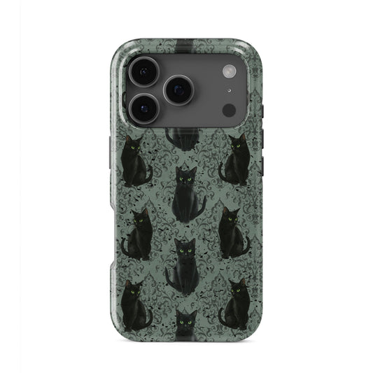 Silent Guardian Tough Phone Case – gothic black cat design with green eyes on damask background