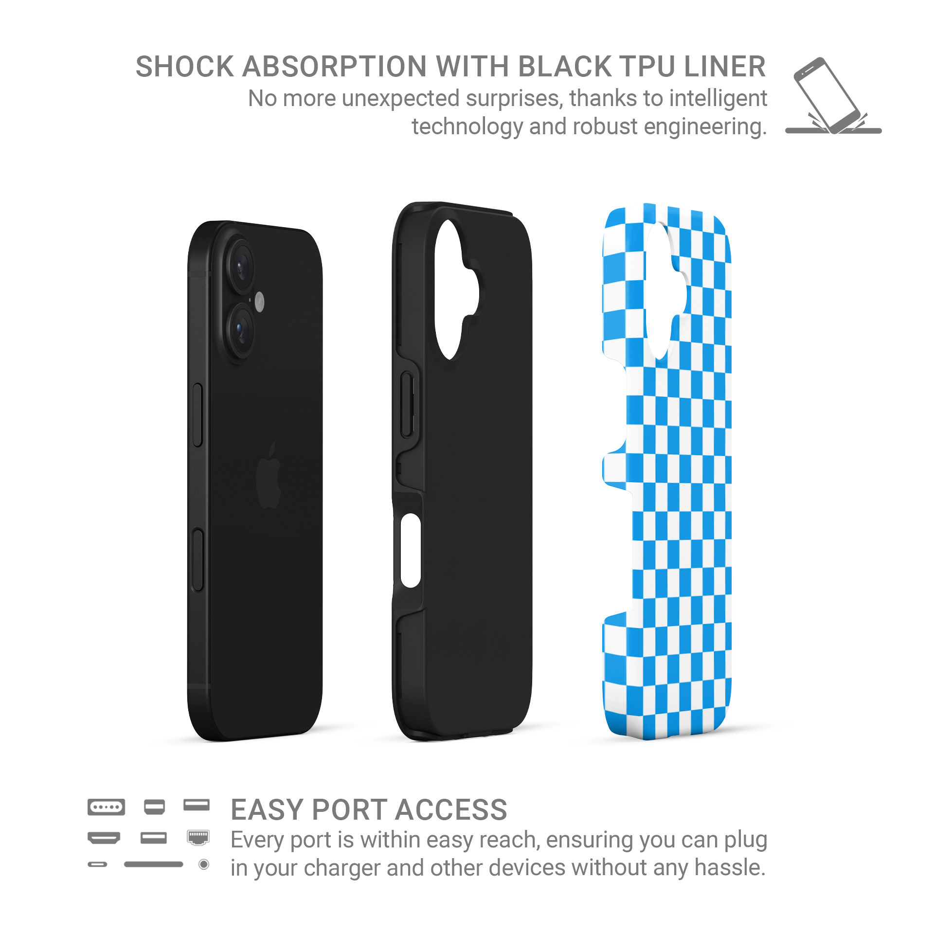 Blue checkered tough protective phone case for iPhone, Samsung and Pixel