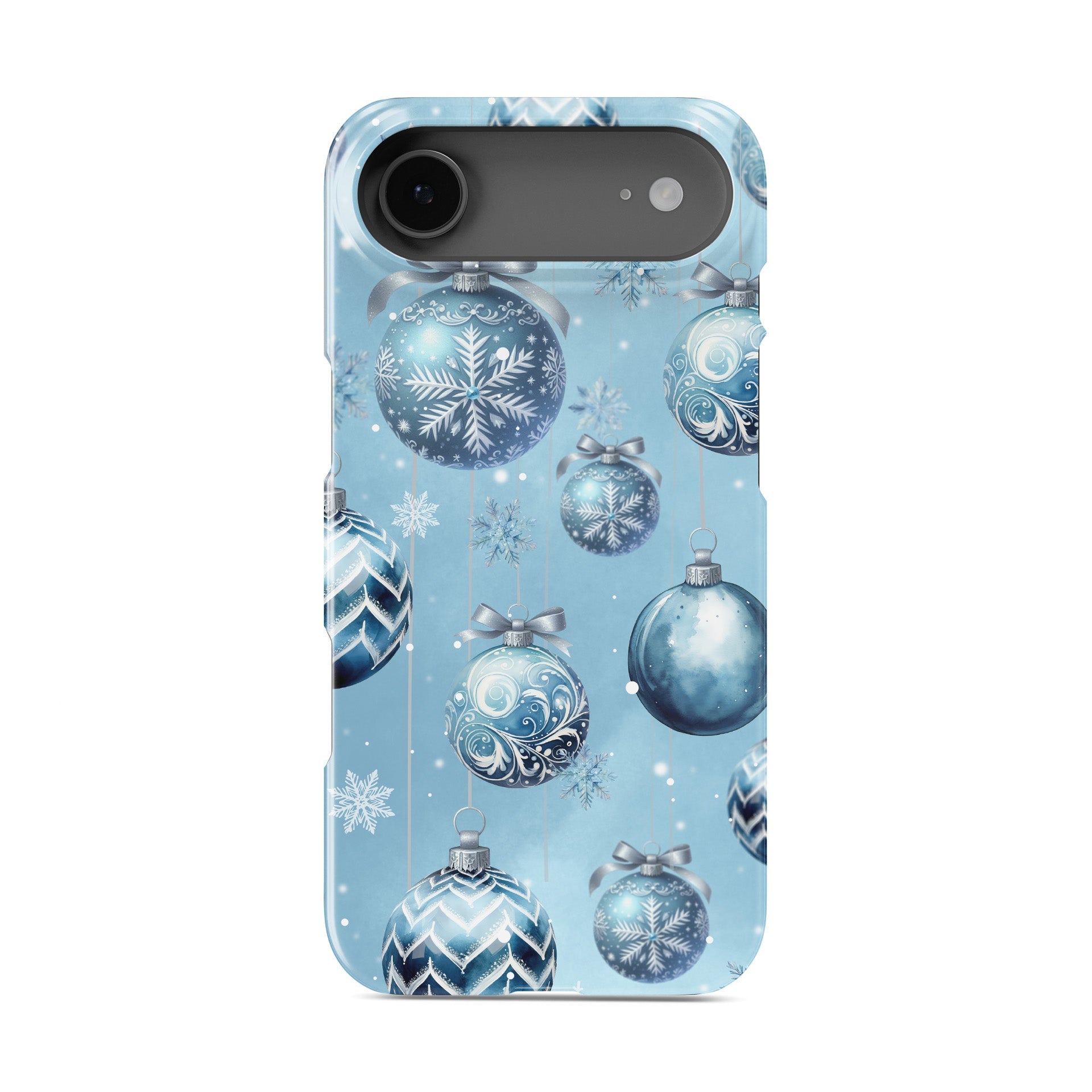 Pastel blue Christmas baubles with snowflakes and silver bows on a soft winter background, Case & Charm Snowdrop Baubles design
