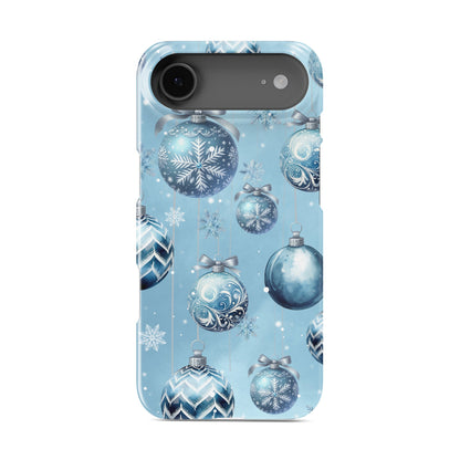 Pastel blue Christmas baubles with snowflakes and silver bows on a soft winter background, Case & Charm Snowdrop Baubles design