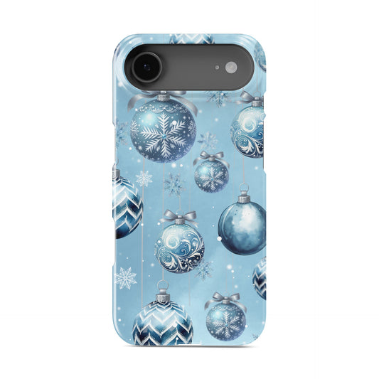 Pastel blue Christmas baubles with snowflakes and silver bows on a soft winter background, Case & Charm Snowdrop Baubles design