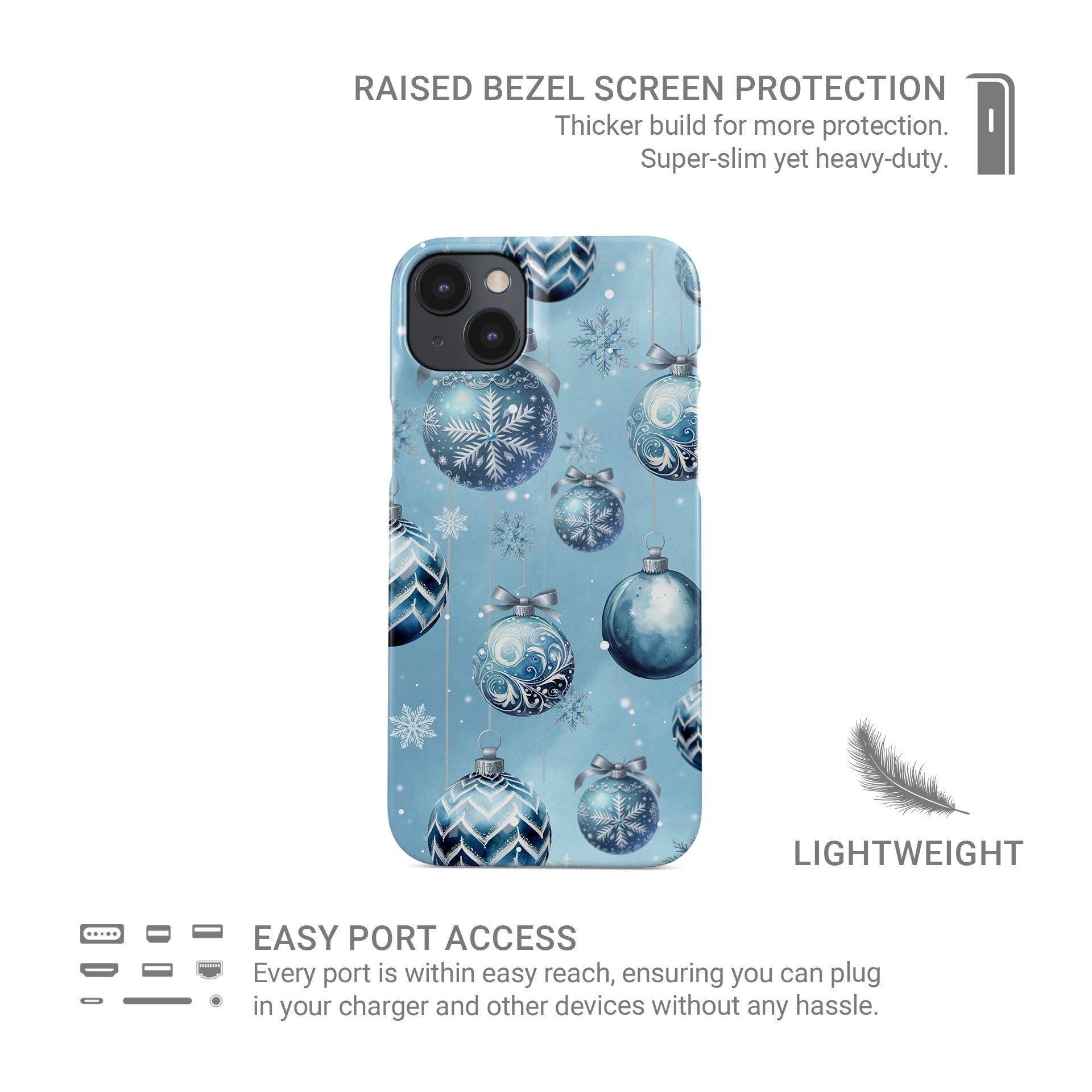 Pastel blue Christmas baubles with snowflakes and silver bows on a soft winter background, Case & Charm Snowdrop Baubles design