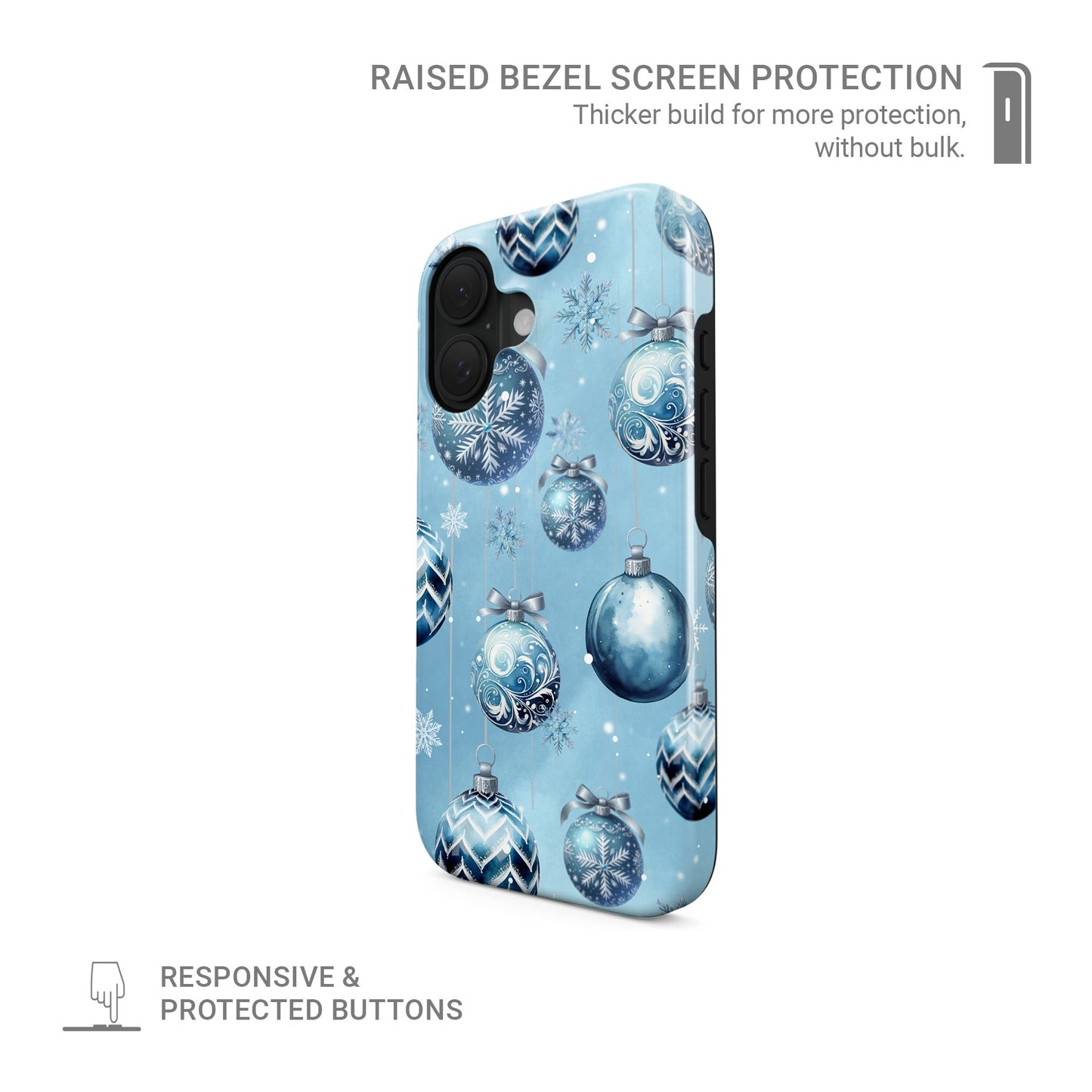 Glossy tough phone case with blue Christmas baubles and snowflakes on a soft winter blue background, Case & Charm Snowdrop Baubles design