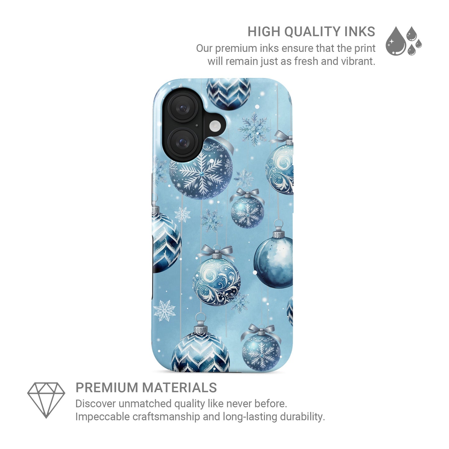 Glossy tough phone case with blue Christmas baubles and snowflakes on a soft winter blue background, Case & Charm Snowdrop Baubles design