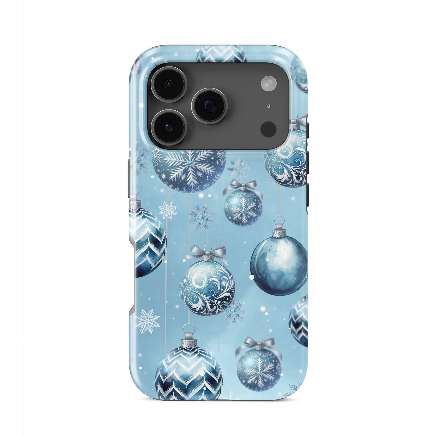 Glossy tough phone case with blue Christmas baubles and snowflakes on a soft winter blue background, Case & Charm Snowdrop Baubles design