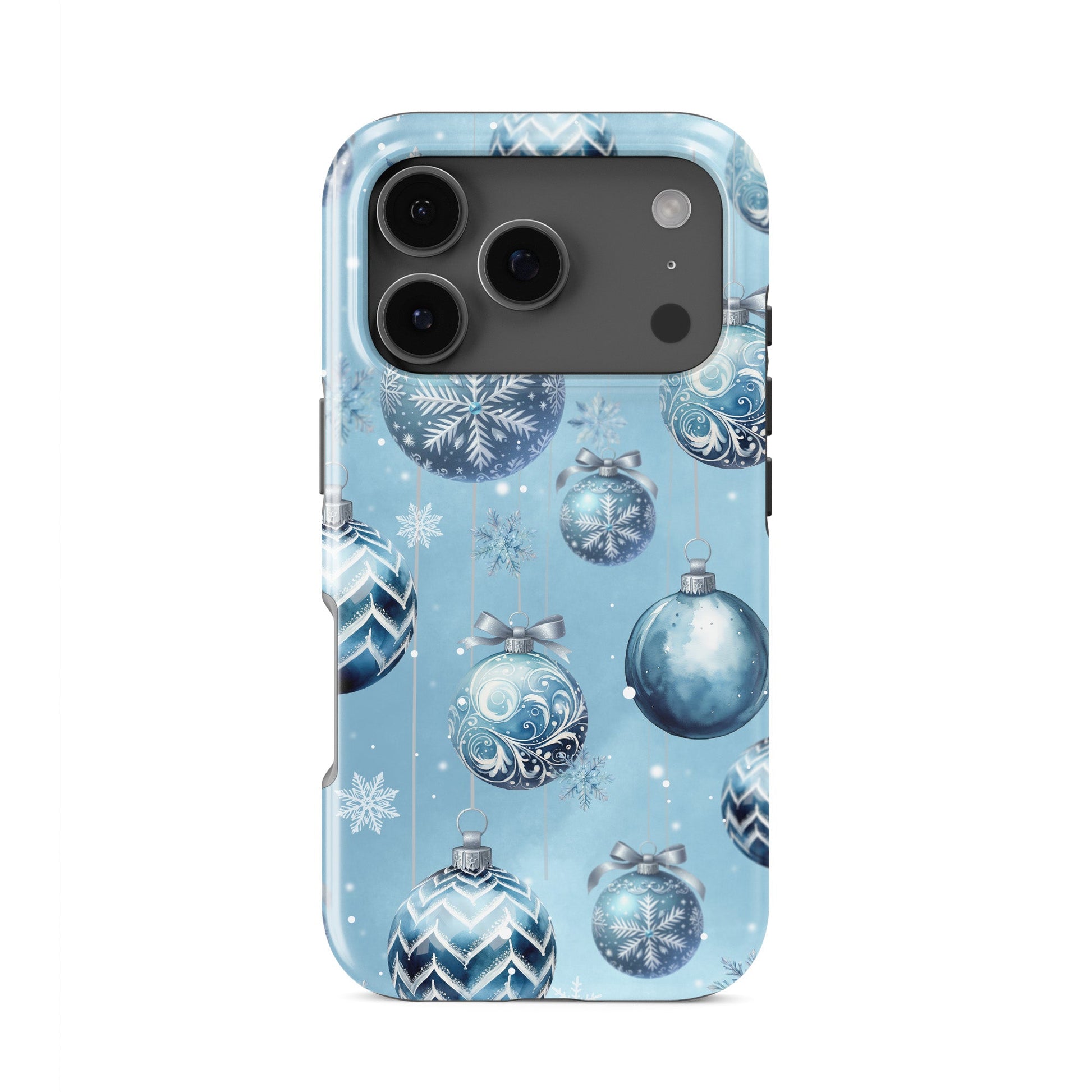 Glossy tough phone case with blue Christmas baubles and snowflakes on a soft winter blue background, Case & Charm Snowdrop Baubles design