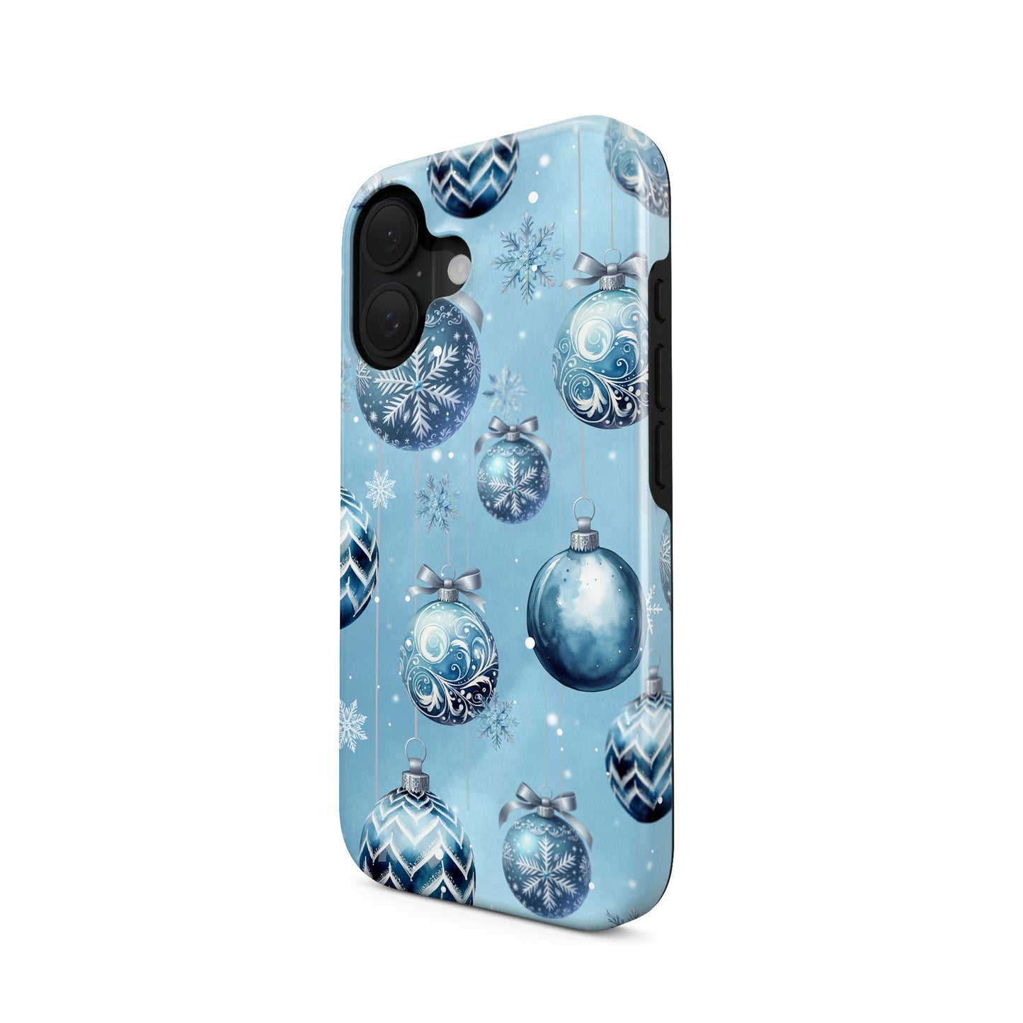 Glossy tough phone case with blue Christmas baubles and snowflakes on a soft winter blue background, Case & Charm Snowdrop Baubles design