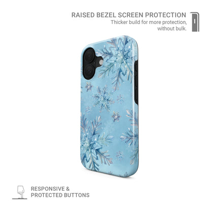 Glossy tough phone case with icy blue snowflake pattern on pastel sky, dual layer construction, Case & Charm Snowflake Waltz design