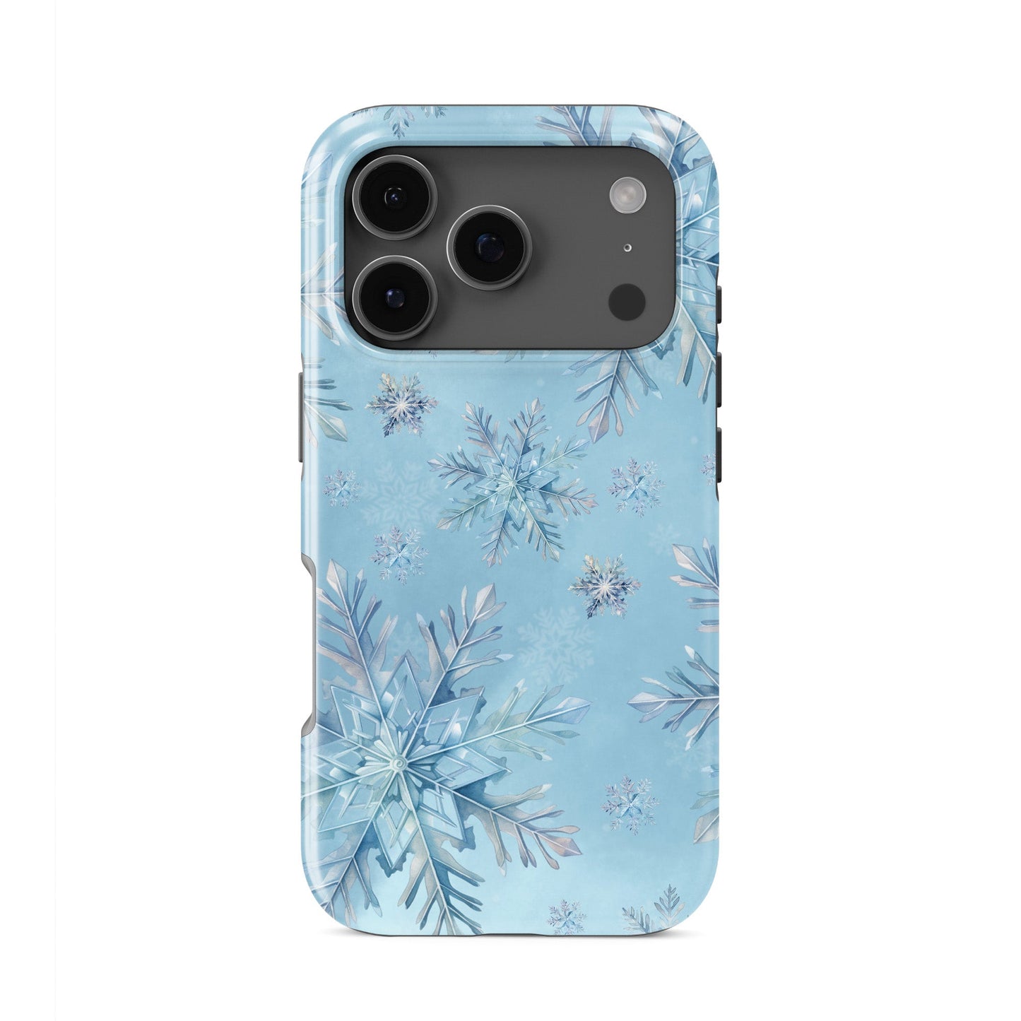 Glossy tough phone case with icy blue snowflake pattern on pastel sky, dual layer construction, Case & Charm Snowflake Waltz design