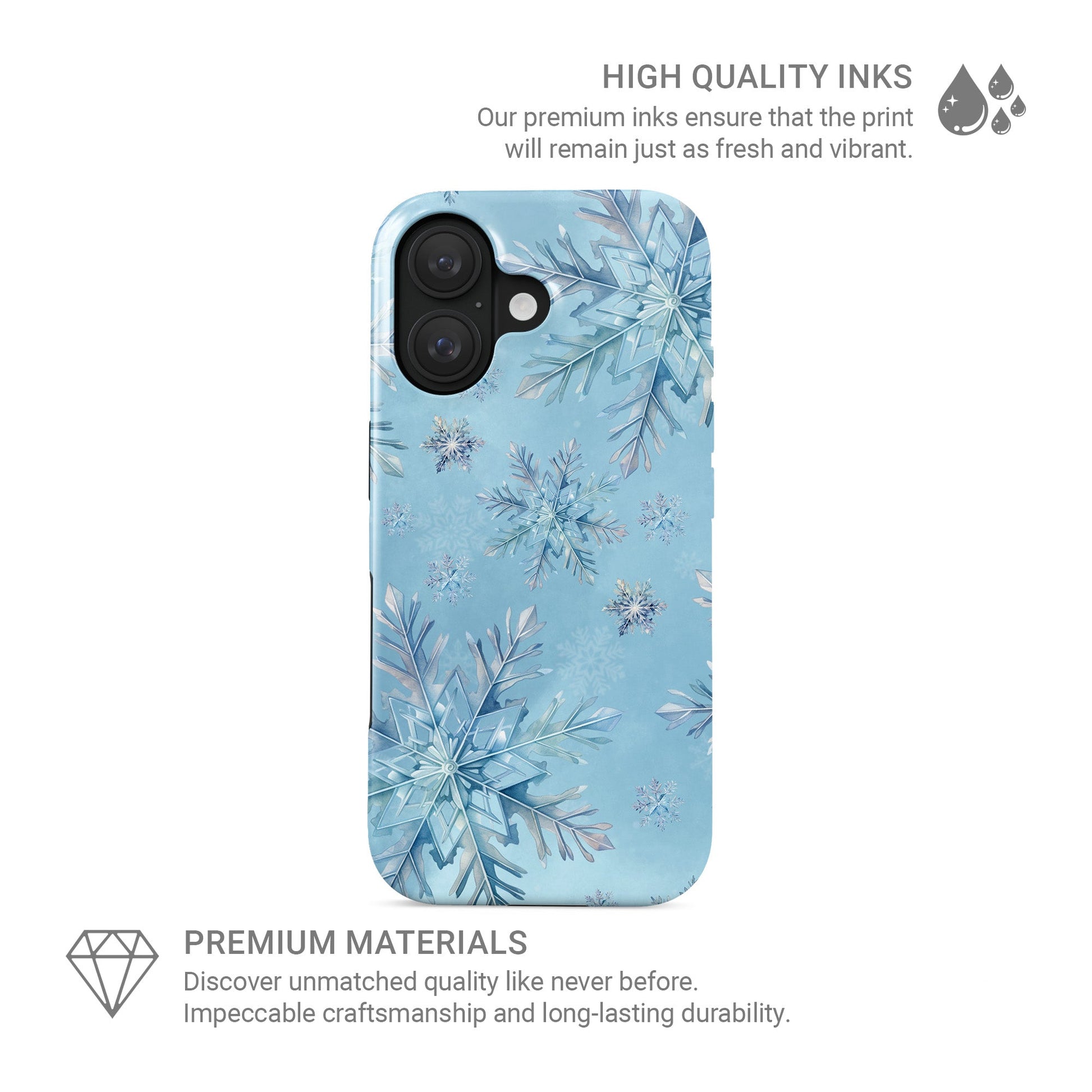 Glossy tough phone case with icy blue snowflake pattern on pastel sky, dual layer construction, Case & Charm Snowflake Waltz design