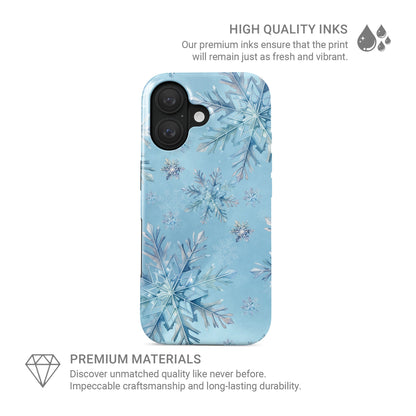 Glossy tough phone case with icy blue snowflake pattern on pastel sky, dual layer construction, Case & Charm Snowflake Waltz design