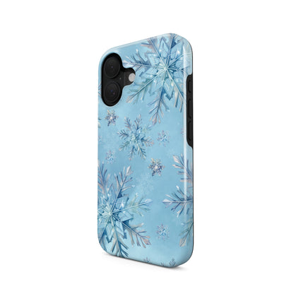 Glossy tough phone case with icy blue snowflake pattern on pastel sky, dual layer construction, Case & Charm Snowflake Waltz design