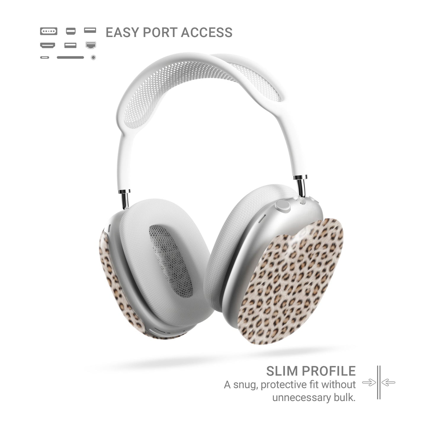 Snowy Roar white leopard print Apple AirPods Max case with glossy fur texture