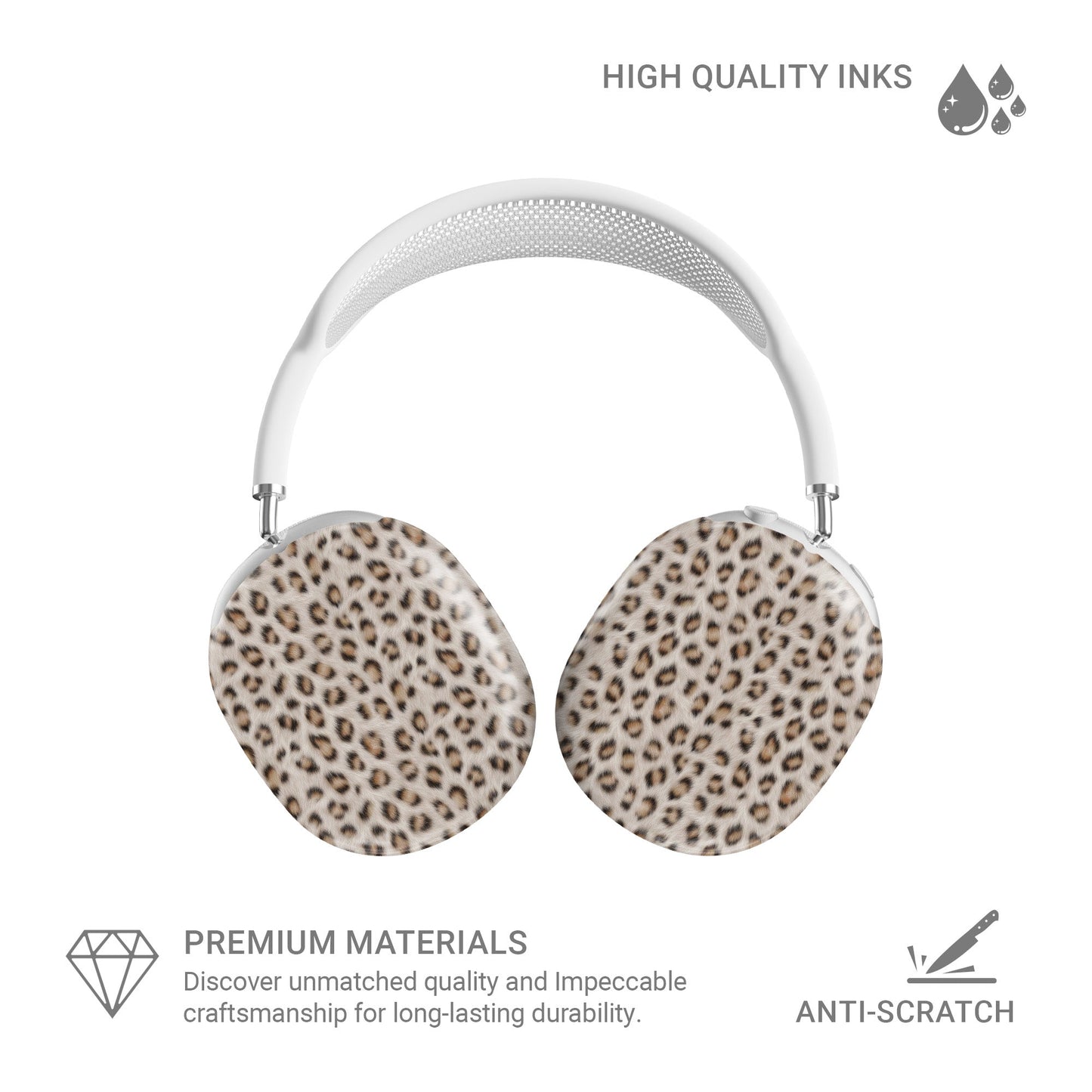 Snowy Roar white leopard print Apple AirPods Max case with glossy fur texture