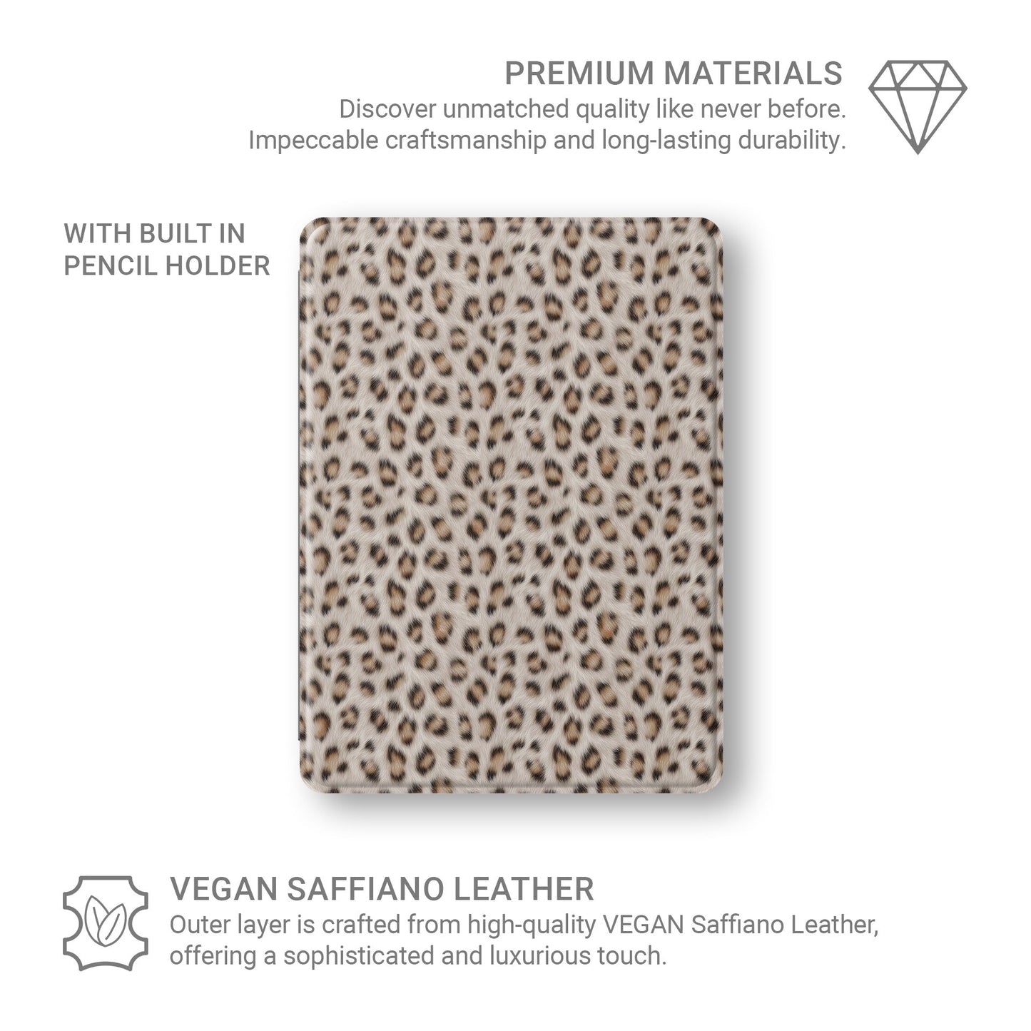 Snowy Roar iPad Case with cool snow-leopard print, vegan leather exterior and Apple Pencil holder.