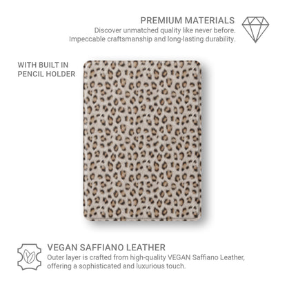 Snowy Roar iPad Case with cool snow-leopard print, vegan leather exterior and Apple Pencil holder.